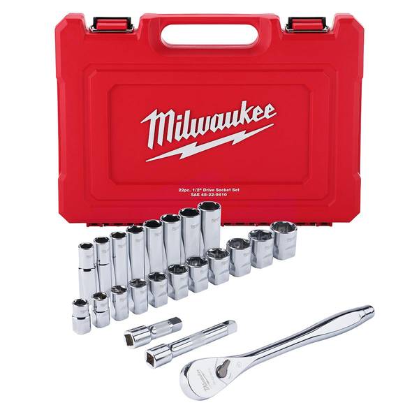 Milwaukee 22-Piece 1/2" Drive SAE Ratchet and Socket Set with FOUR FLAT Sides