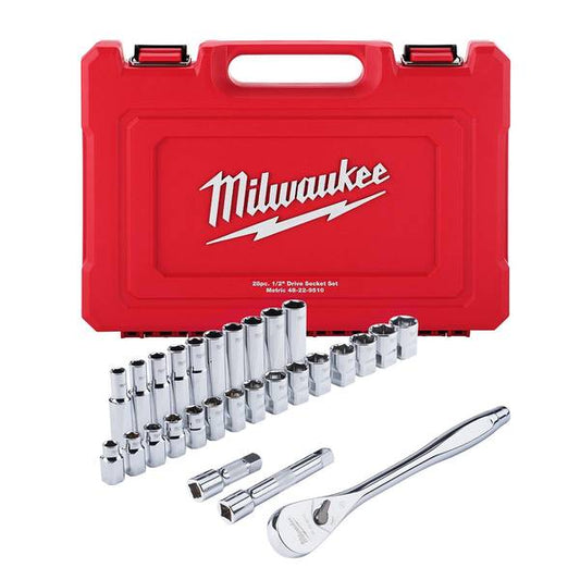 Milwaukee 28-Piece 1/2" Drive Metric Ratchet and Socket Set with FOUR FLAT Sides